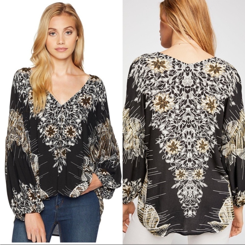 Free People Birds of A Feather Top Black Bird Pattern Oversized Fit Size XS